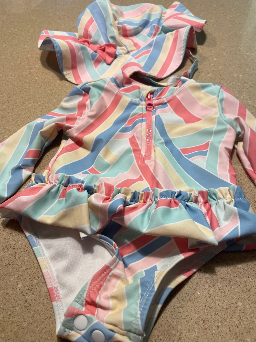 Tommy Bahama Pastel Multi-Stripe Ruffle One-Piece Swimsuit with Matching Hat